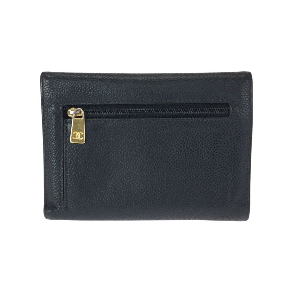 Chanel Vintage CC Logo Black Gold Caviar Leather Fold Wallet Compact — view 2