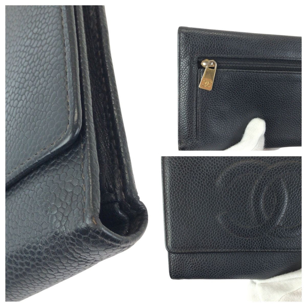 Chanel Vintage CC Logo Black Gold Caviar Leather Fold Wallet Compact — view 6