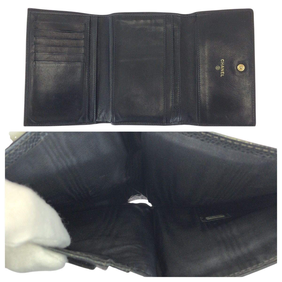Chanel Vintage CC Logo Black Gold Caviar Leather Fold Wallet Compact — view 8