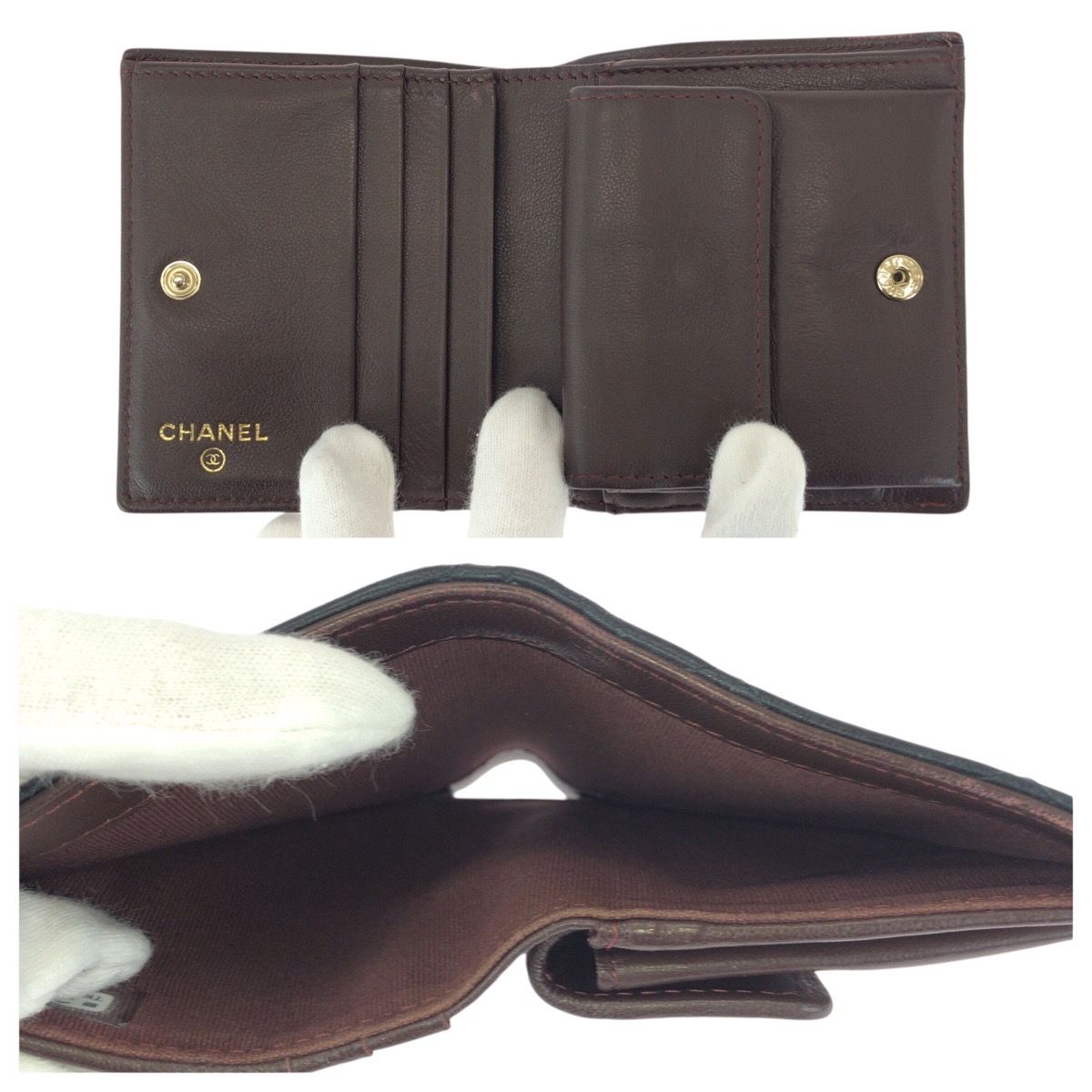 Chanel Quilted CC Logo Black Gold Lambskin Fold Wallet Compact — view 8