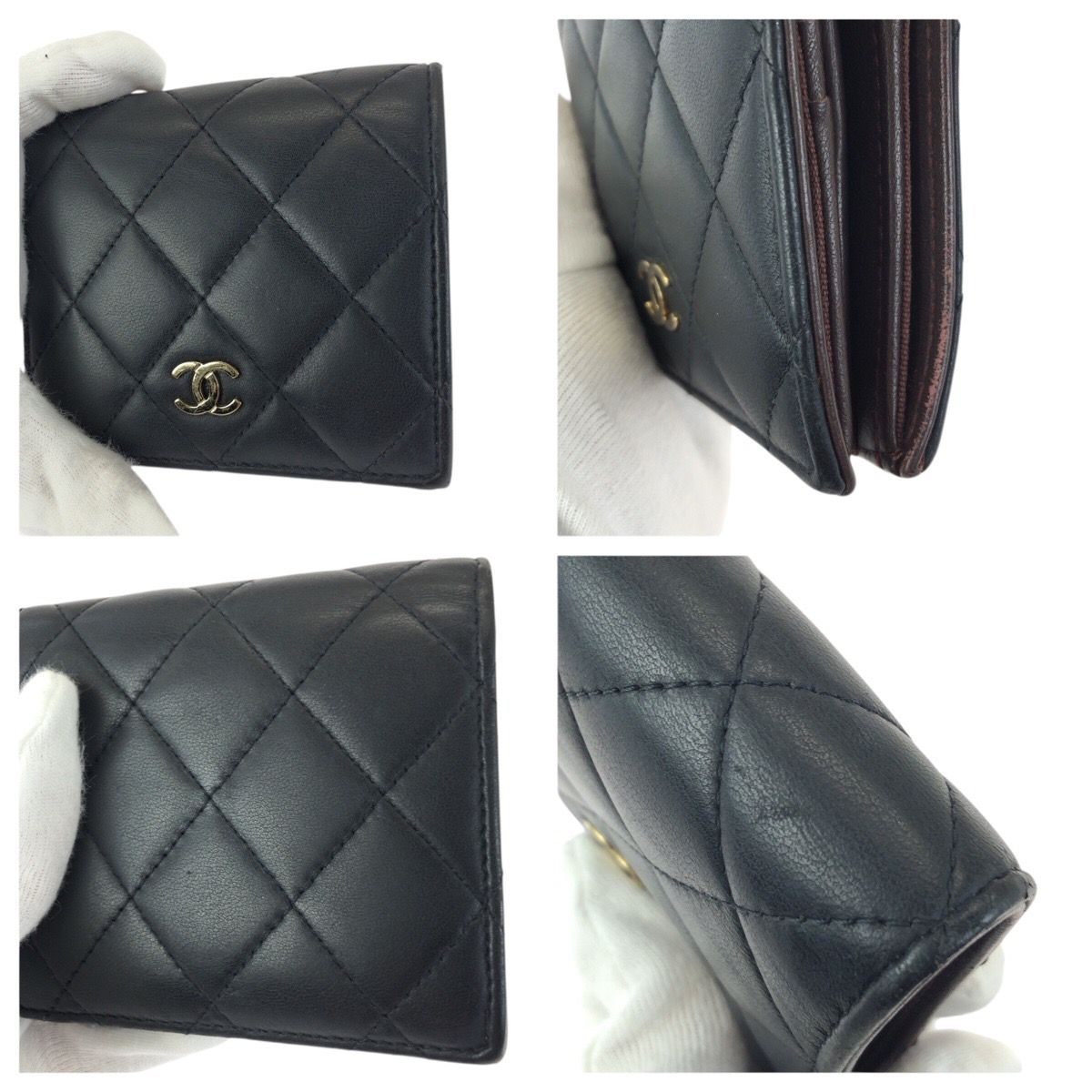 Chanel Quilted CC Logo Black Gold Lambskin Fold Wallet Compact — view 6