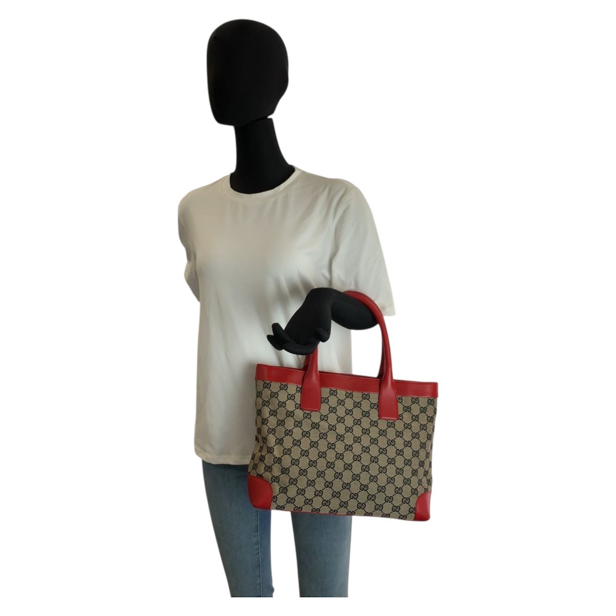 Gucci Red Beige GG Canvas Leather 002 Tote — view 6