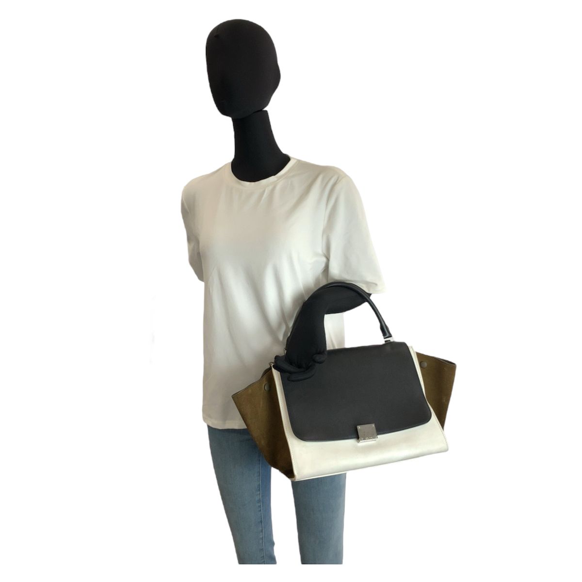 Celine Trapeze Black White Khaki Leather 2-Way Shoulder Bag — view 7