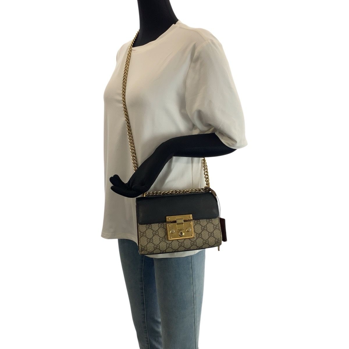 Gucci Padlock Beige Black Gold GG Supreme Canvas Leather Chain Shoulder Bag — view 7