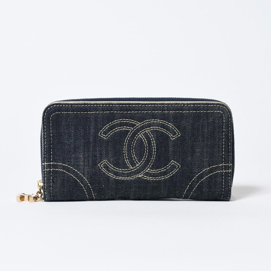 Chanel CC Logo Round Wallet Blue Denim Leather Gold