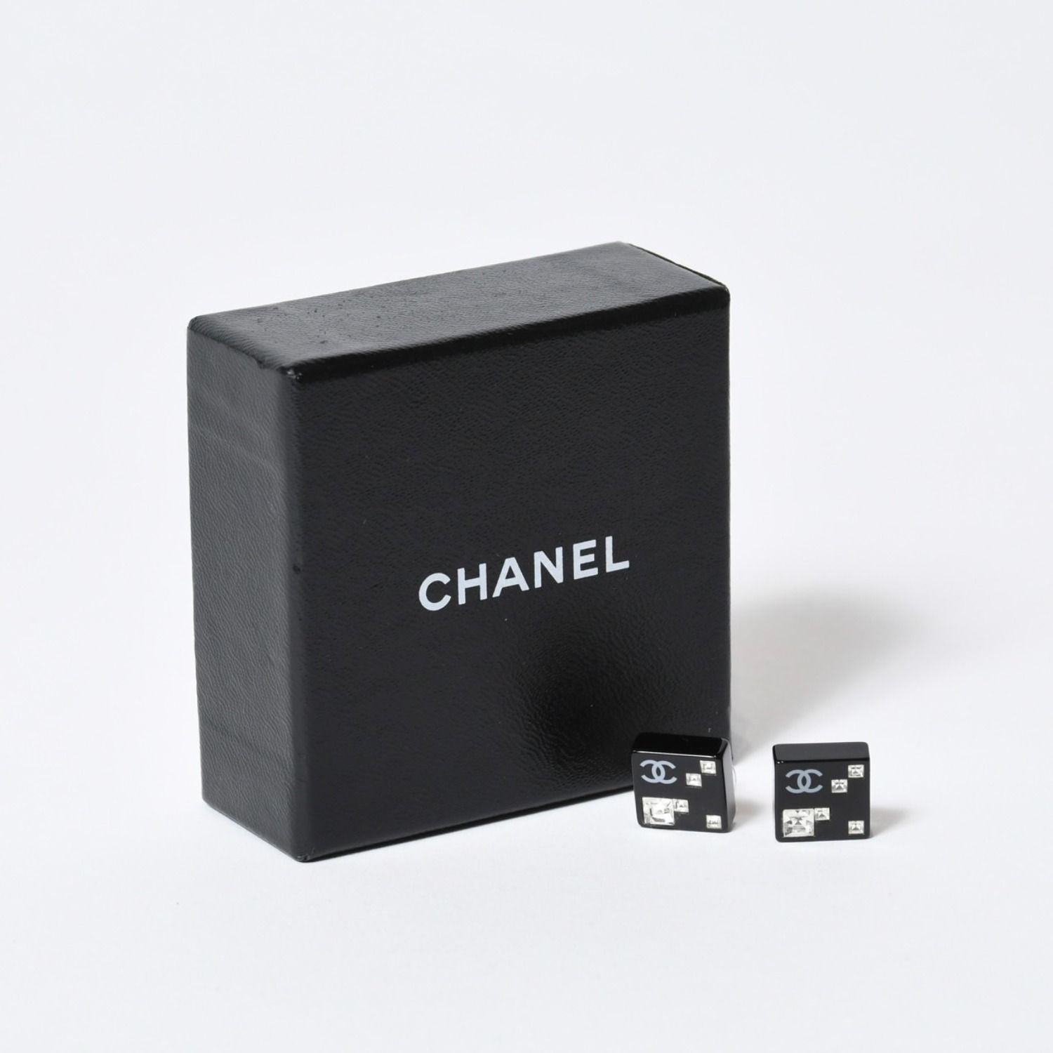 Chanel CC Logo Earrings 05 Acrylic Rhinestone Black Clear Silver