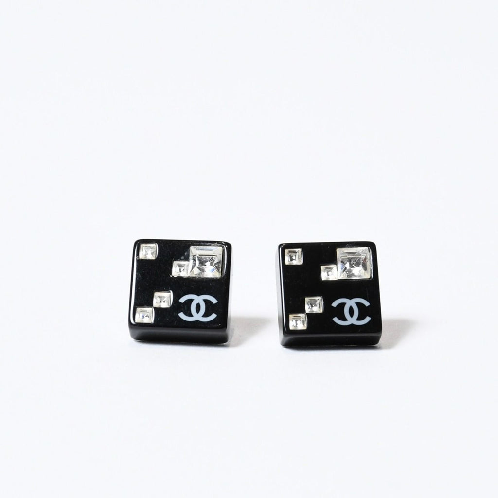 Chanel CC Logo Earrings 05 Acrylic Rhinestone Black Clear Silver — view 2