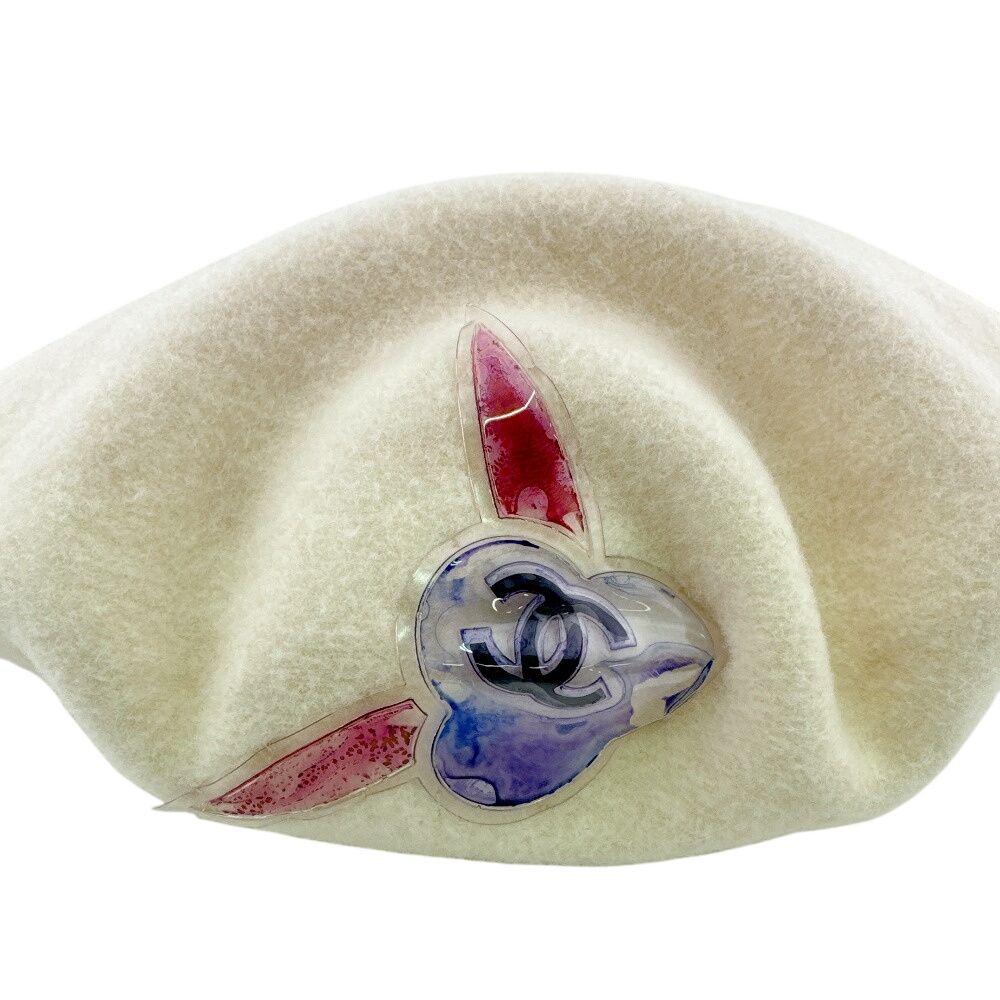 Chanel Cap Hat Vintage Vinyl CC Wool Beret Ivory — view 5
