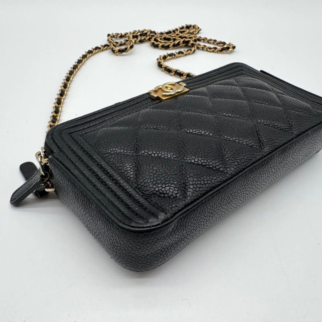 Chanel Large Shoulder Bag Quilted CC Logo Gold Chain Black Leather — view 7