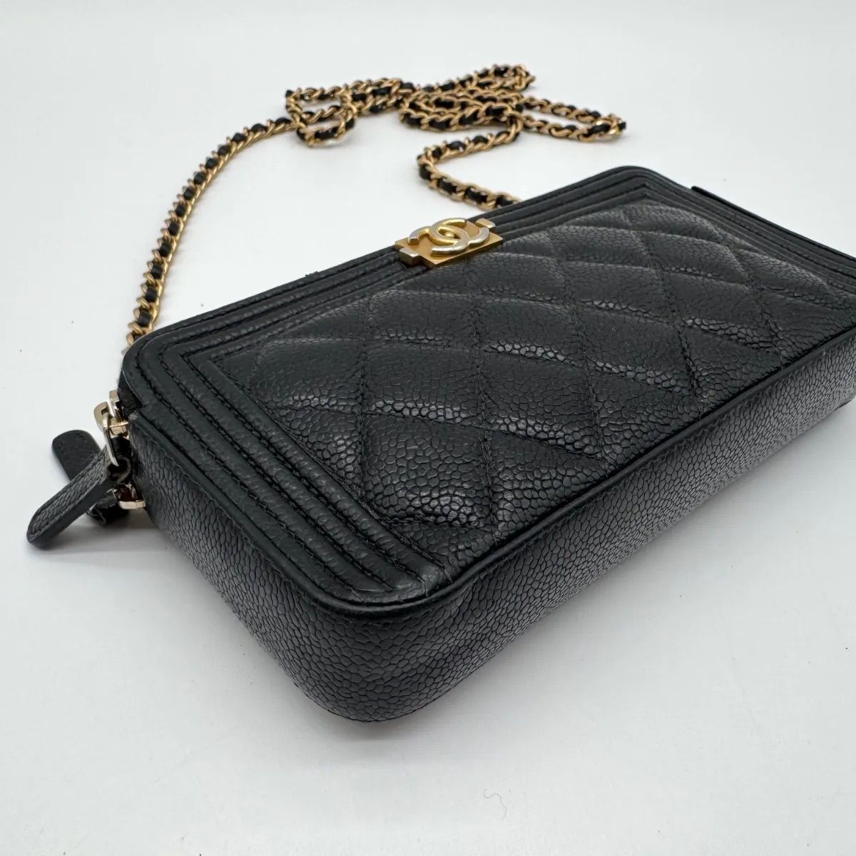 Chanel Large Shoulder Bag Quilted CC Logo Gold Chain Black Leather — view 7