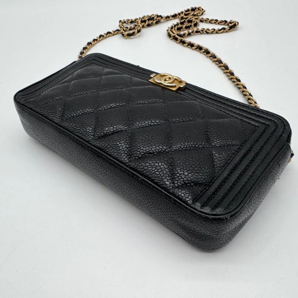 Chanel Large Shoulder Bag Quilted CC Logo Gold Chain Black Leather — view 8