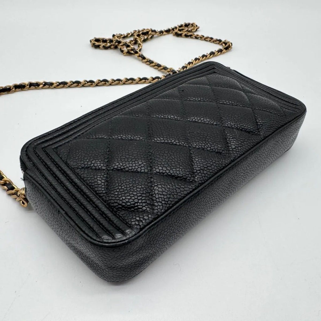 Chanel Large Shoulder Bag Quilted CC Logo Gold Chain Black Leather — view 9