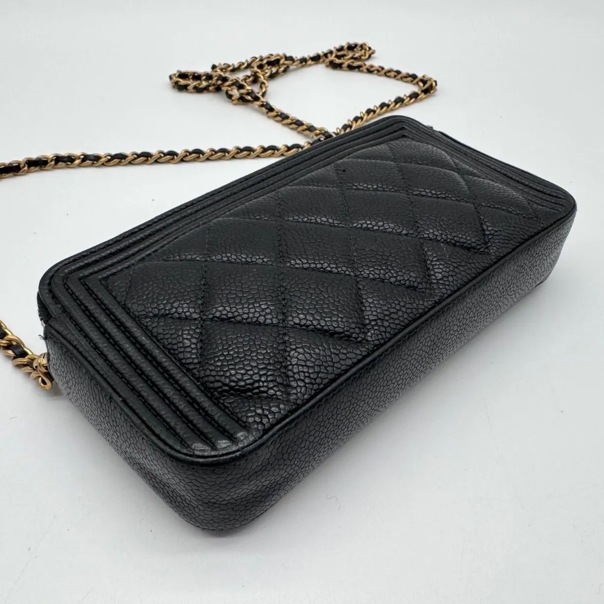 Chanel Large Shoulder Bag Quilted CC Logo Gold Chain Black Leather — view 9
