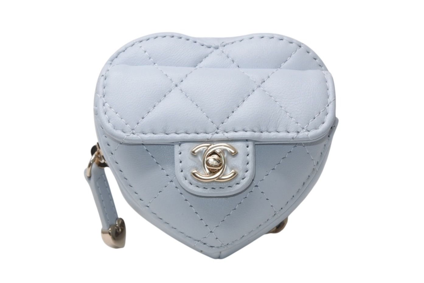 Chanel Heart Bag Charm Stand CC Logo Quilted Lambskin Light Blue
