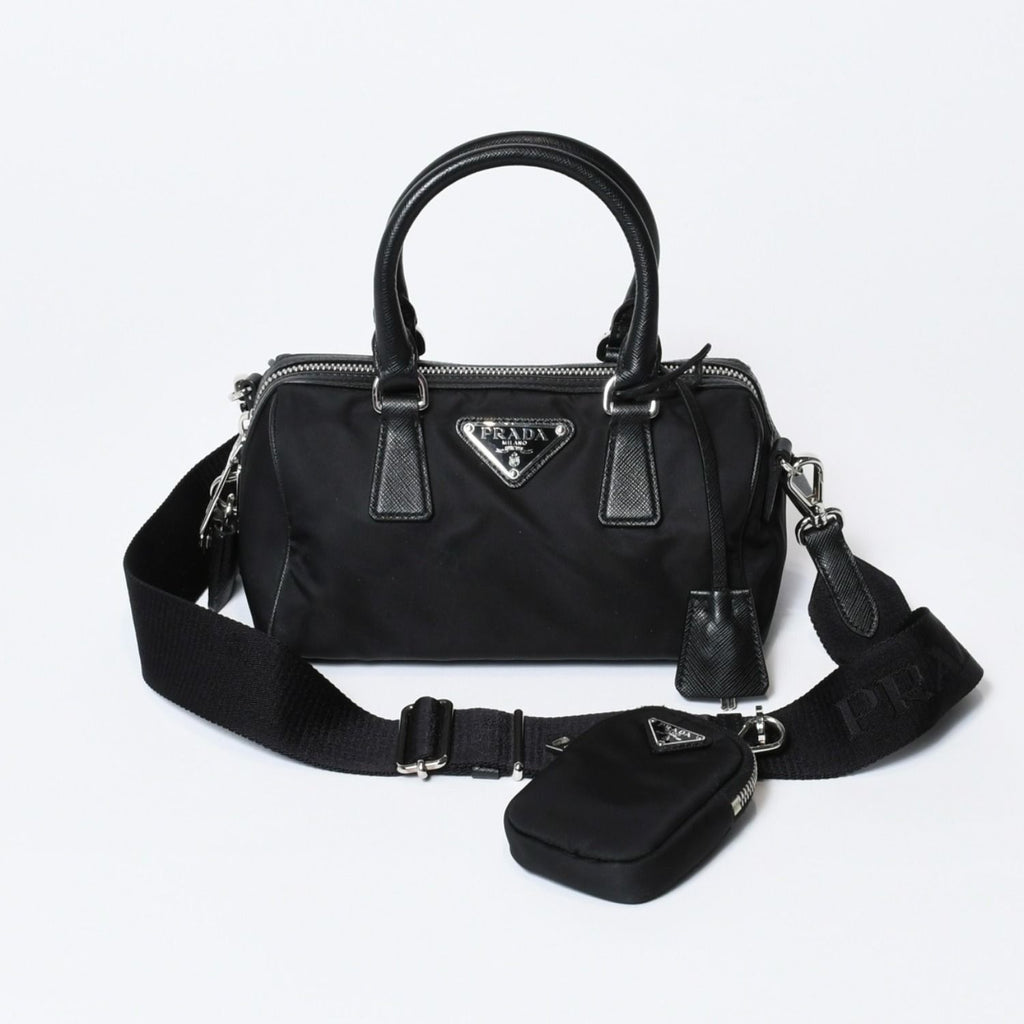 Prada Triangle Logo Shoulder Bag Black Leather Jacquard Silver