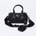 Prada Triangle Logo Shoulder Bag Black Leather Jacquard Silver