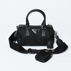 Prada Triangle Logo Shoulder Bag Black Leather Jacquard Silver