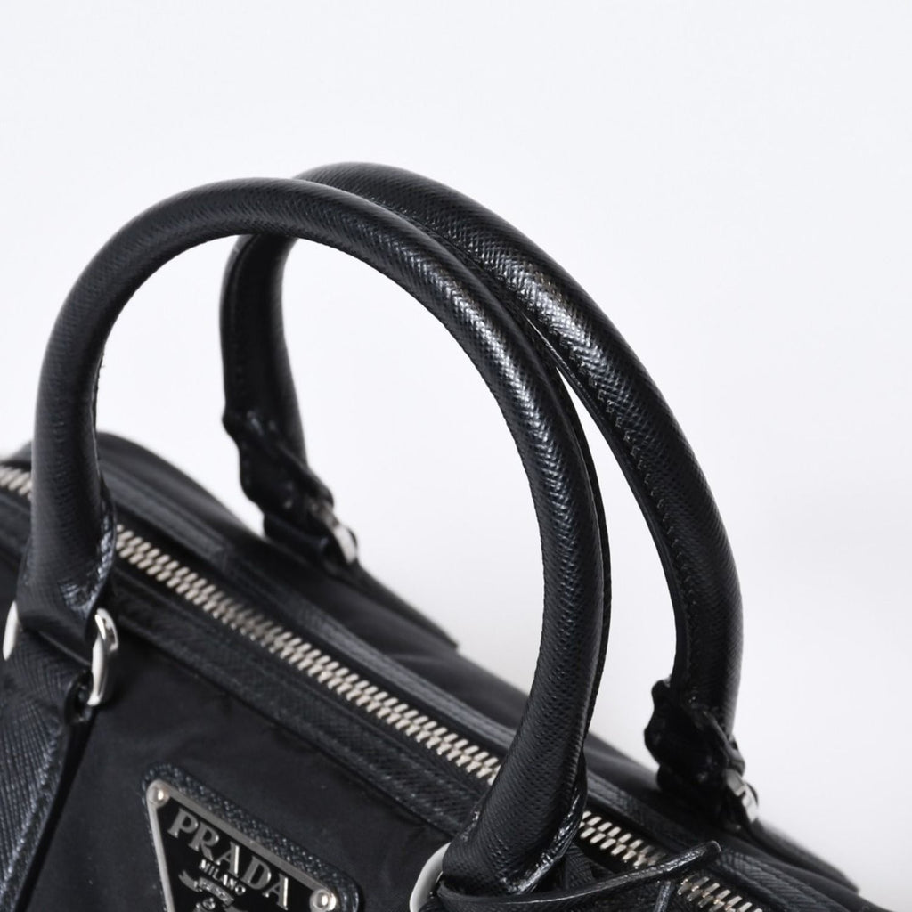 Prada Triangle Logo Shoulder Bag Black Leather Jacquard Silver — view 5