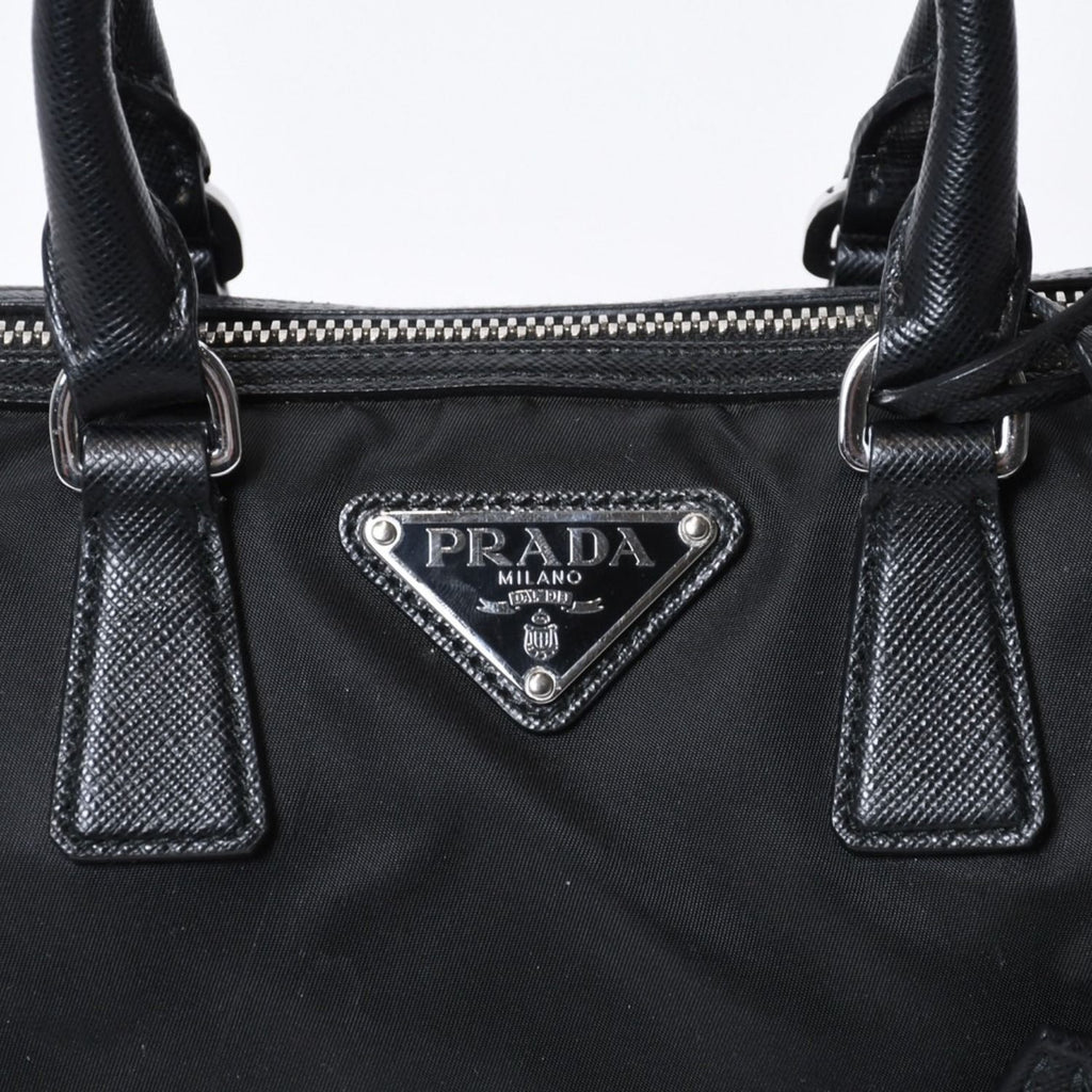 Prada Triangle Logo Shoulder Bag Black Leather Jacquard Silver — view 6
