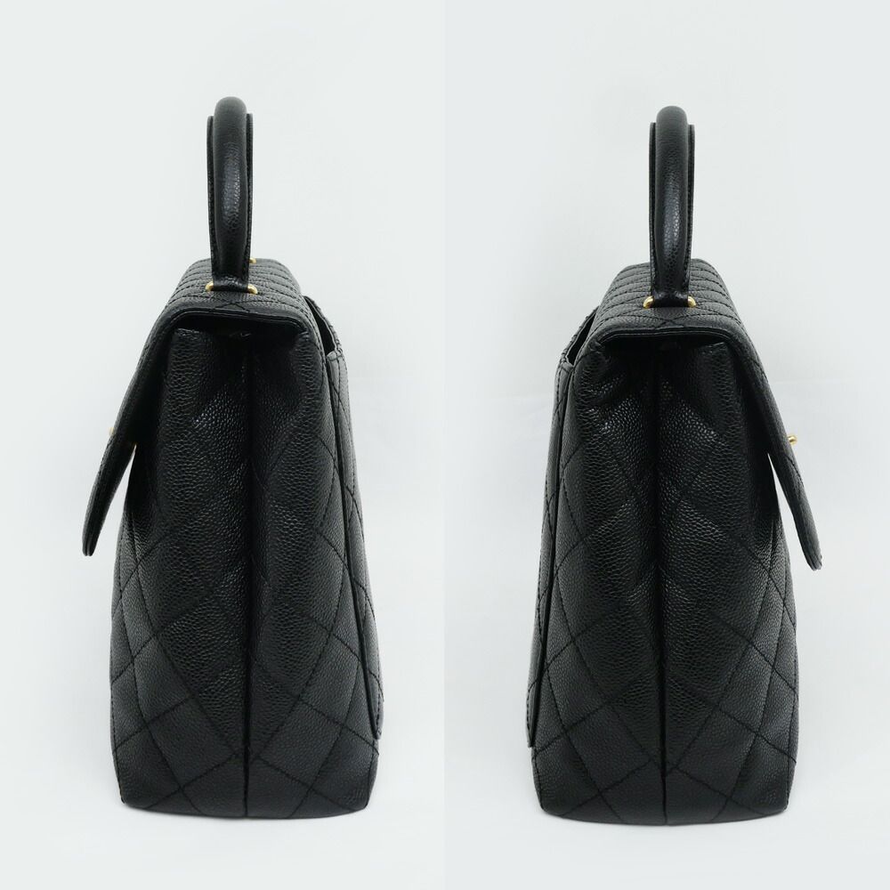 Chanel Quilted Top Handle Black Gold Caviar Leather Handbag — view 2