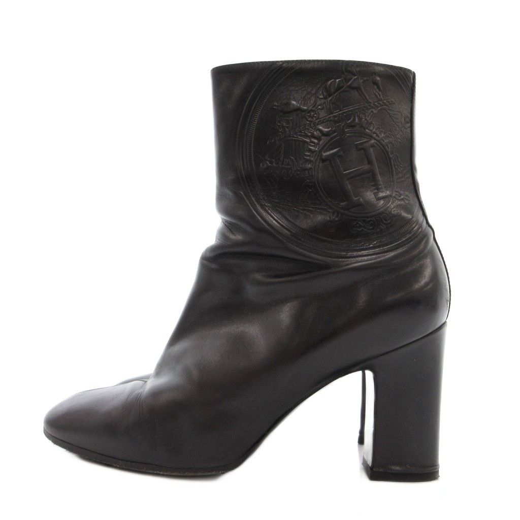 Hermes Exlibris Short Boots Embossed Logo Side Zip 38 Black YJ — view 2