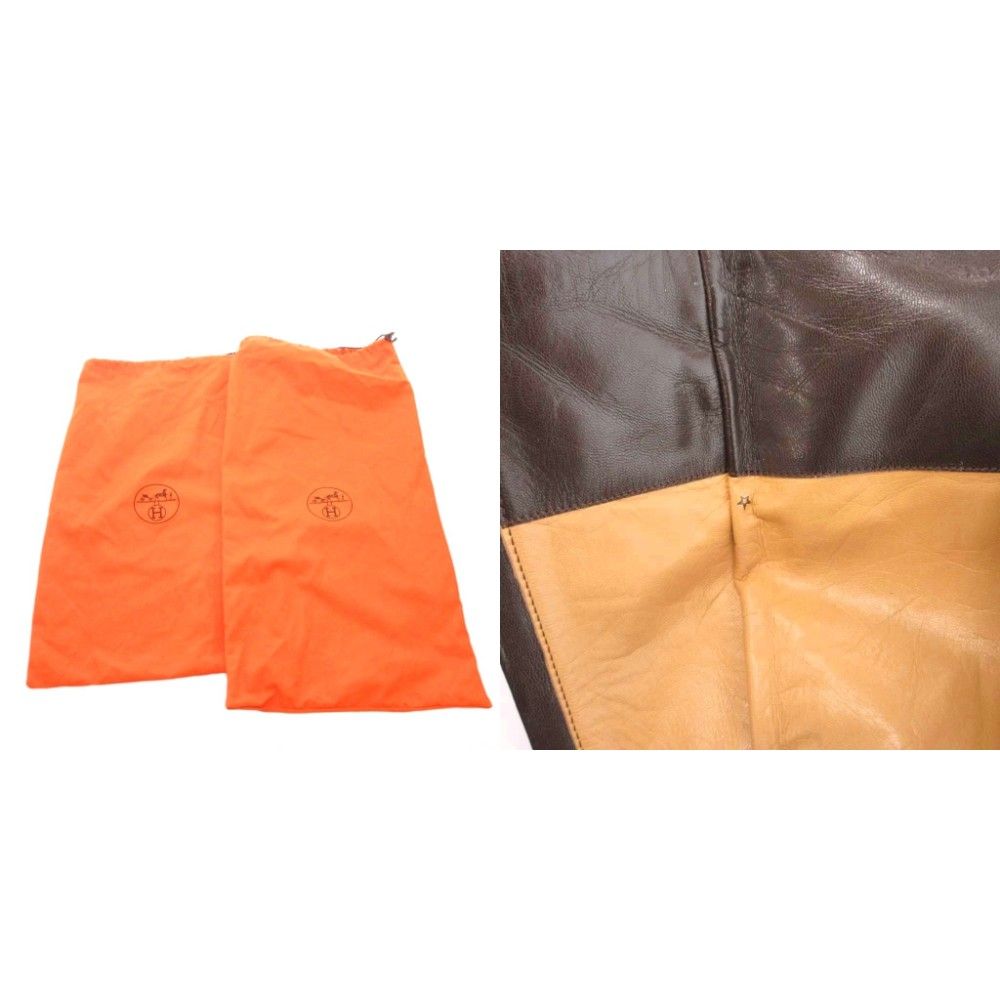 Hermes Long Boots Suede Contrast Leather Side Zip Camel YJ — view 8