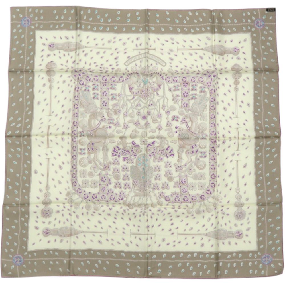 Hermes Carre 90 Hidden Treasure Tresors Retrouves Silk Cream Scarf Gray Purple — view 3