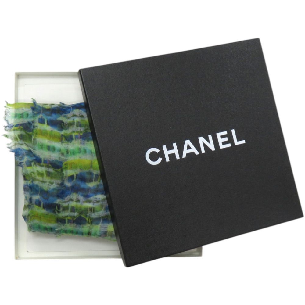 Chanel CC Logo Large Shawl Cashmere Silk Green Blue White — view 2