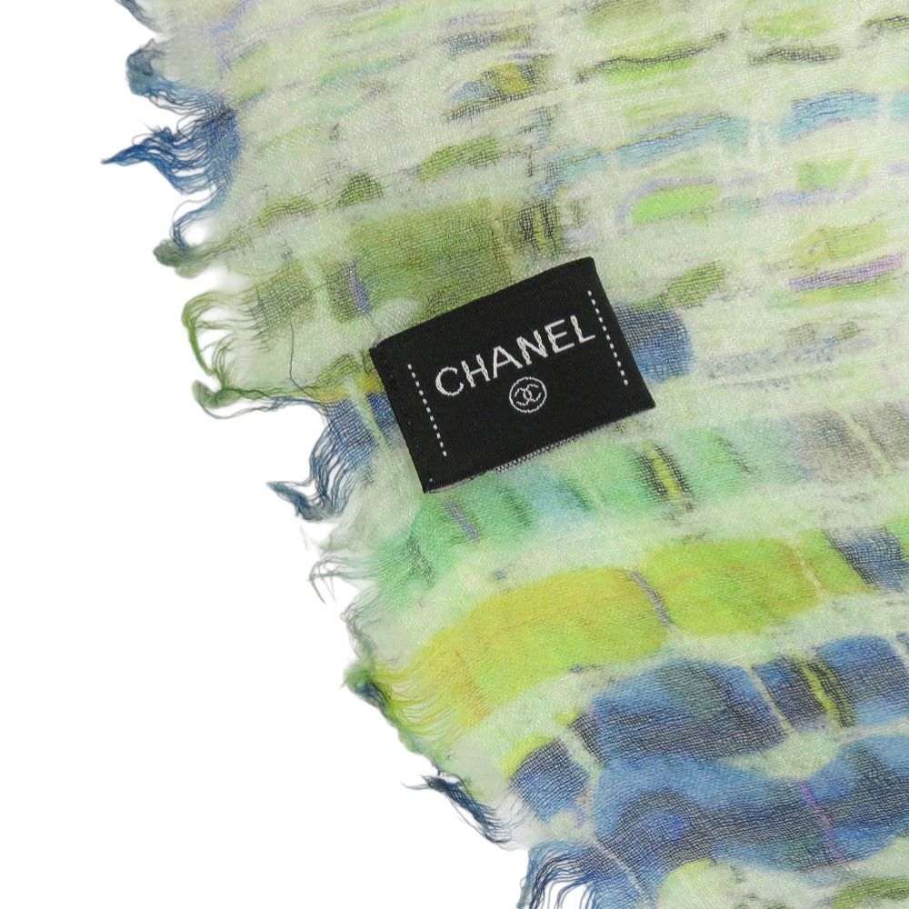 Chanel CC Logo Large Shawl Cashmere Silk Green Blue White — view 7