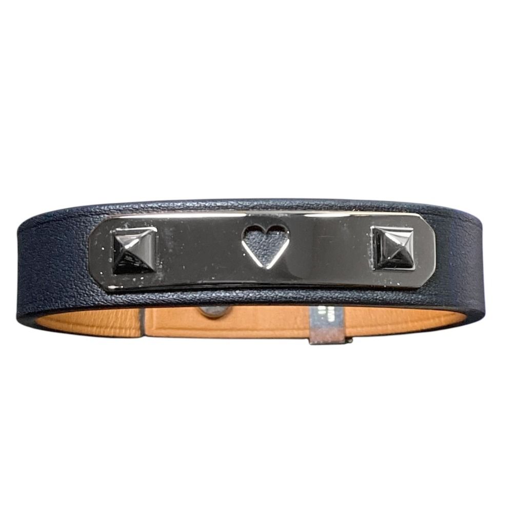 Hermes As de Coule Heart Motif Leather Bracelet T2 Navy Silver Brand — view 3