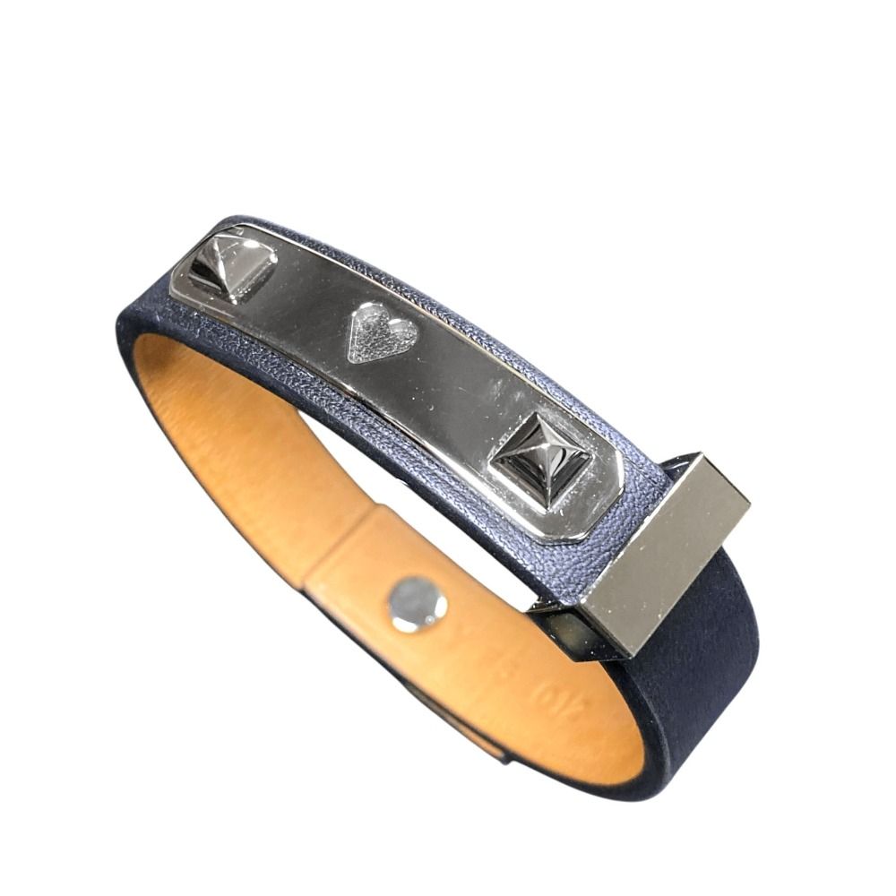 Hermes As de Coule Heart Motif Leather Bracelet T2 Navy Silver Brand — view 2