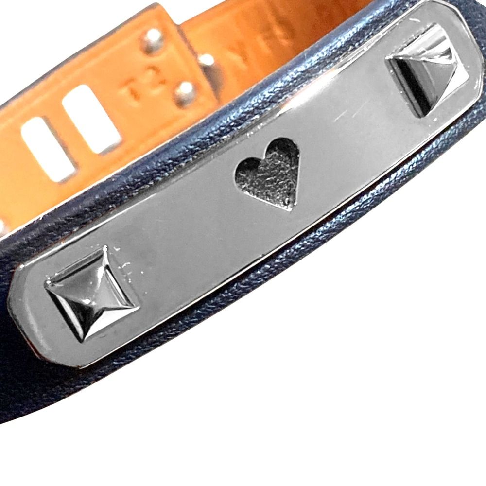 Hermes As de Coule Heart Motif Leather Bracelet T2 Navy Silver Brand — view 8