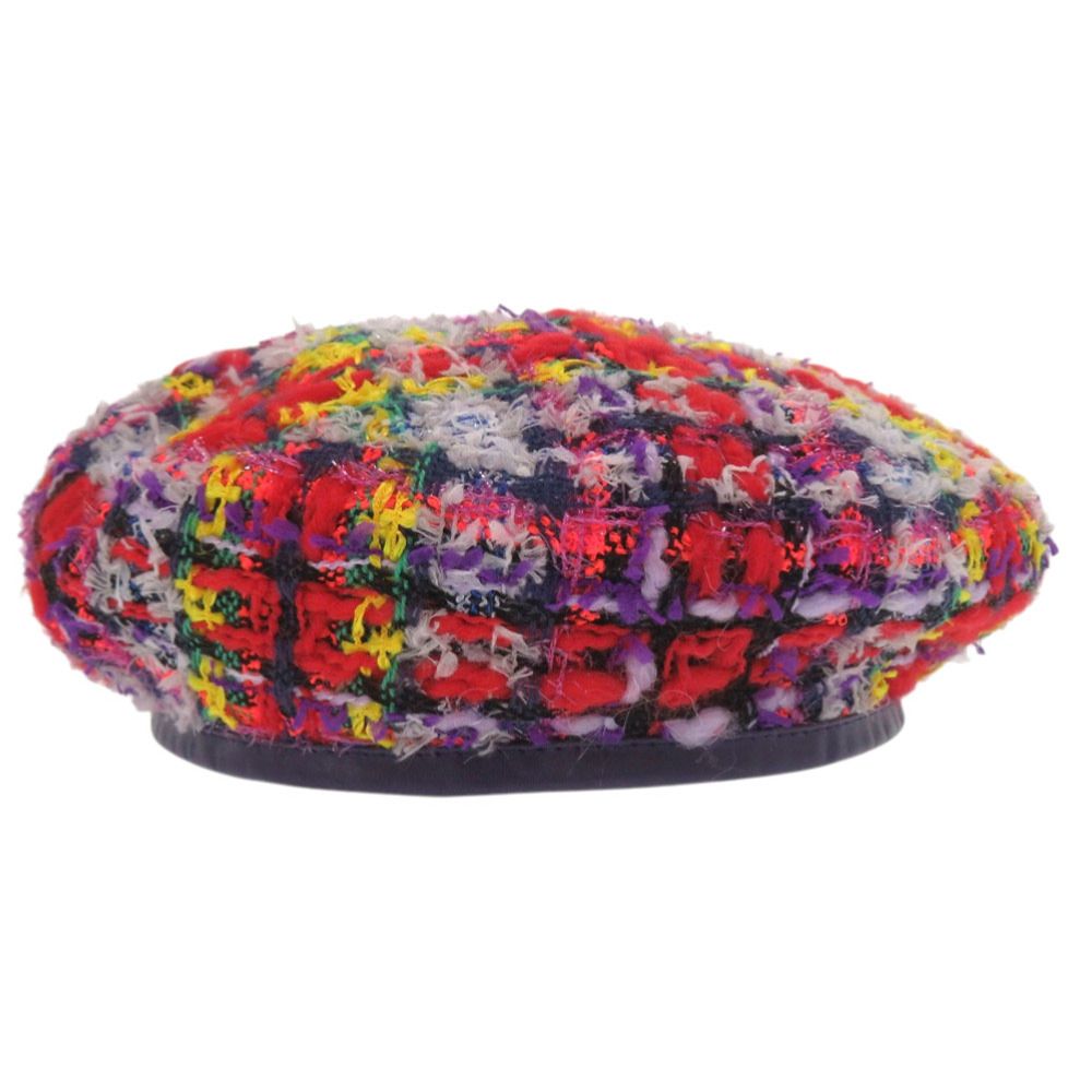 Gucci Tweed Plaid Ribbon GG Logo Beret Purple Red Yellow — view 3
