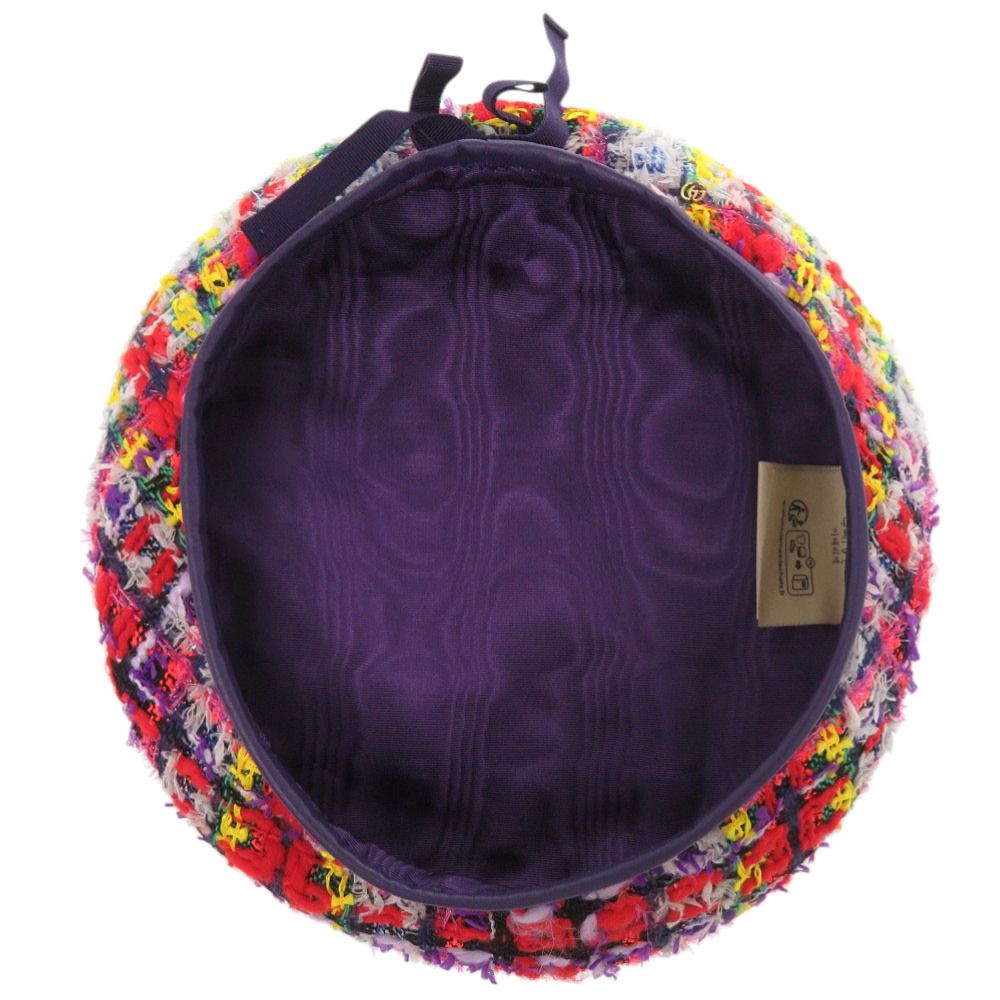 Gucci Tweed Plaid Ribbon GG Logo Beret Purple Red Yellow — view 8
