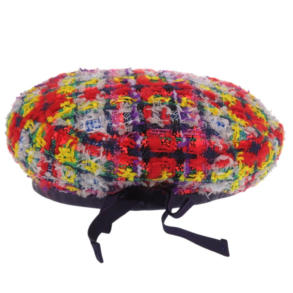 Gucci Tweed Plaid Ribbon GG Logo Beret Purple Red Yellow — view 5
