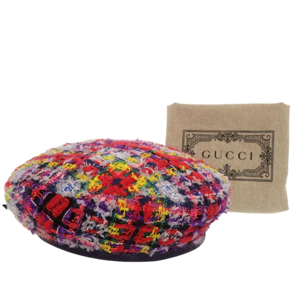 Gucci Tweed Plaid Ribbon GG Logo Beret Purple Red Yellow — view 2