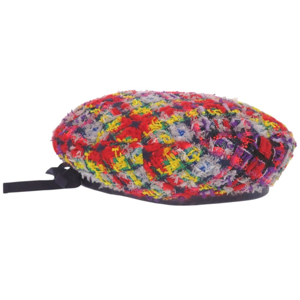 Gucci Tweed Plaid Ribbon GG Logo Beret Purple Red Yellow — view 4