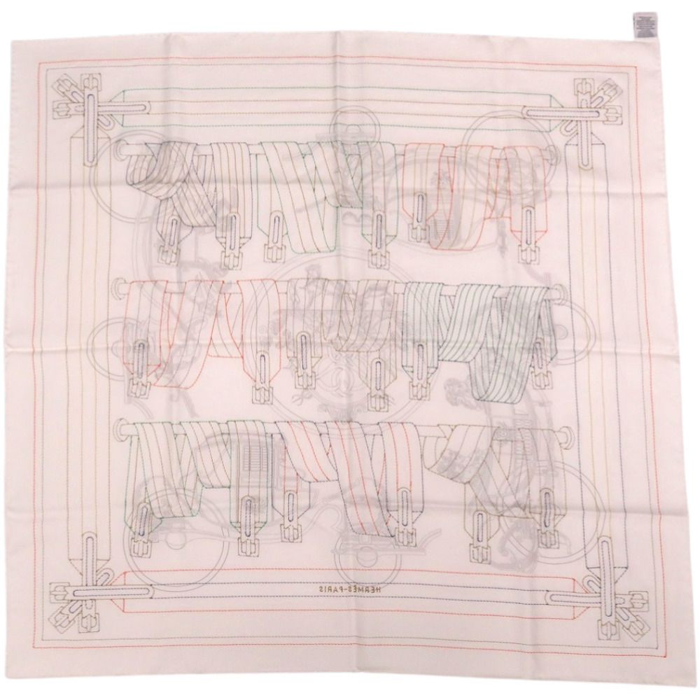 Hermes le Lotage Polished Carre 90 Exlibris Brodet Sangle 08 Silk White Red Blue — view 3