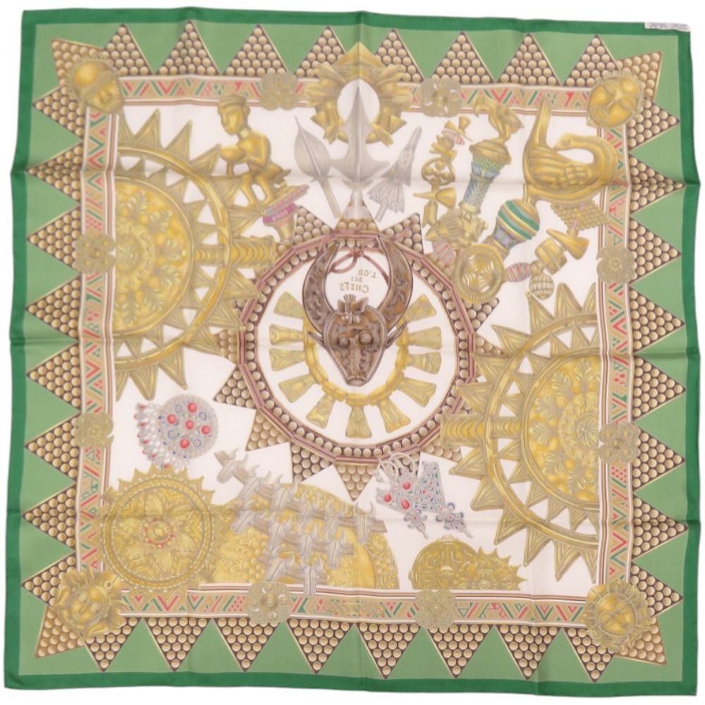Hermes Carre 90 L'Or Des Chefs Chiefs' Gold Silk Green Scarf — view 3