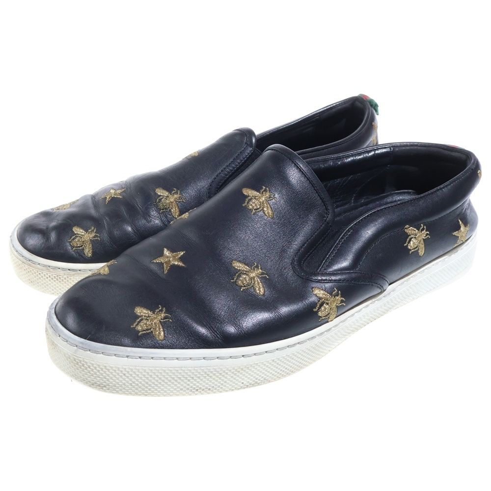 Gucci Bee Embroidery Leather Low Cut Sneakers Slip Ons Black — view 2