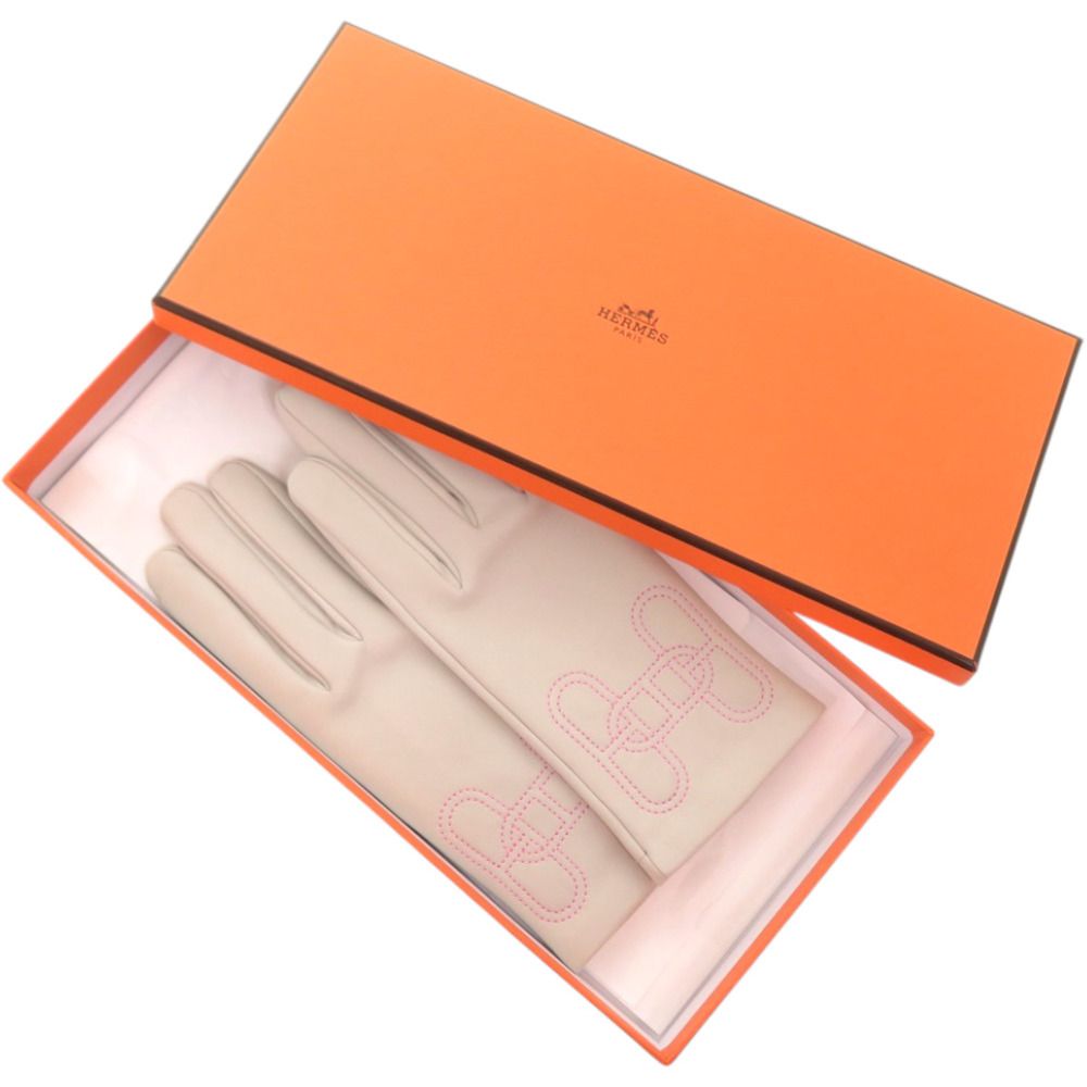 Hermes Gloves Chaine D'ancre Lambskin Silk Pearl Gray Graypink — view 2