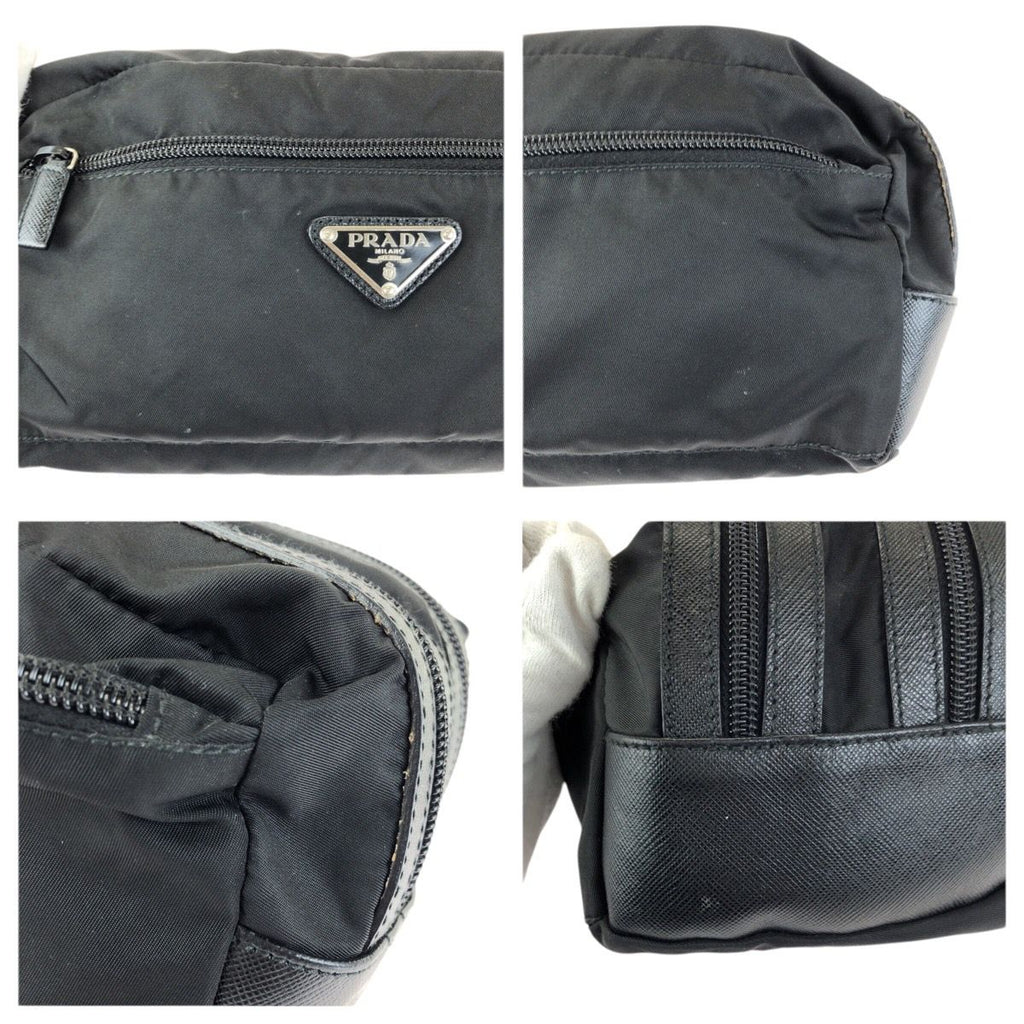 Prada Tessuto Saffiano Black Silver Nylon Leather Clutch — view 6