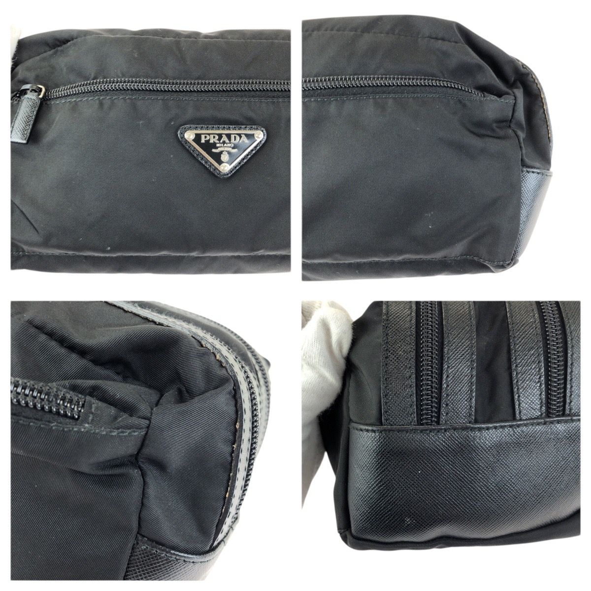 Prada Tessuto Saffiano Black Silver Nylon Leather Clutch — view 6
