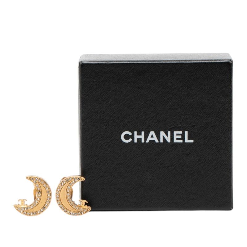 Chanel CC Logo Crescent Moon Rhinestone Gold Plated Ring — view 5