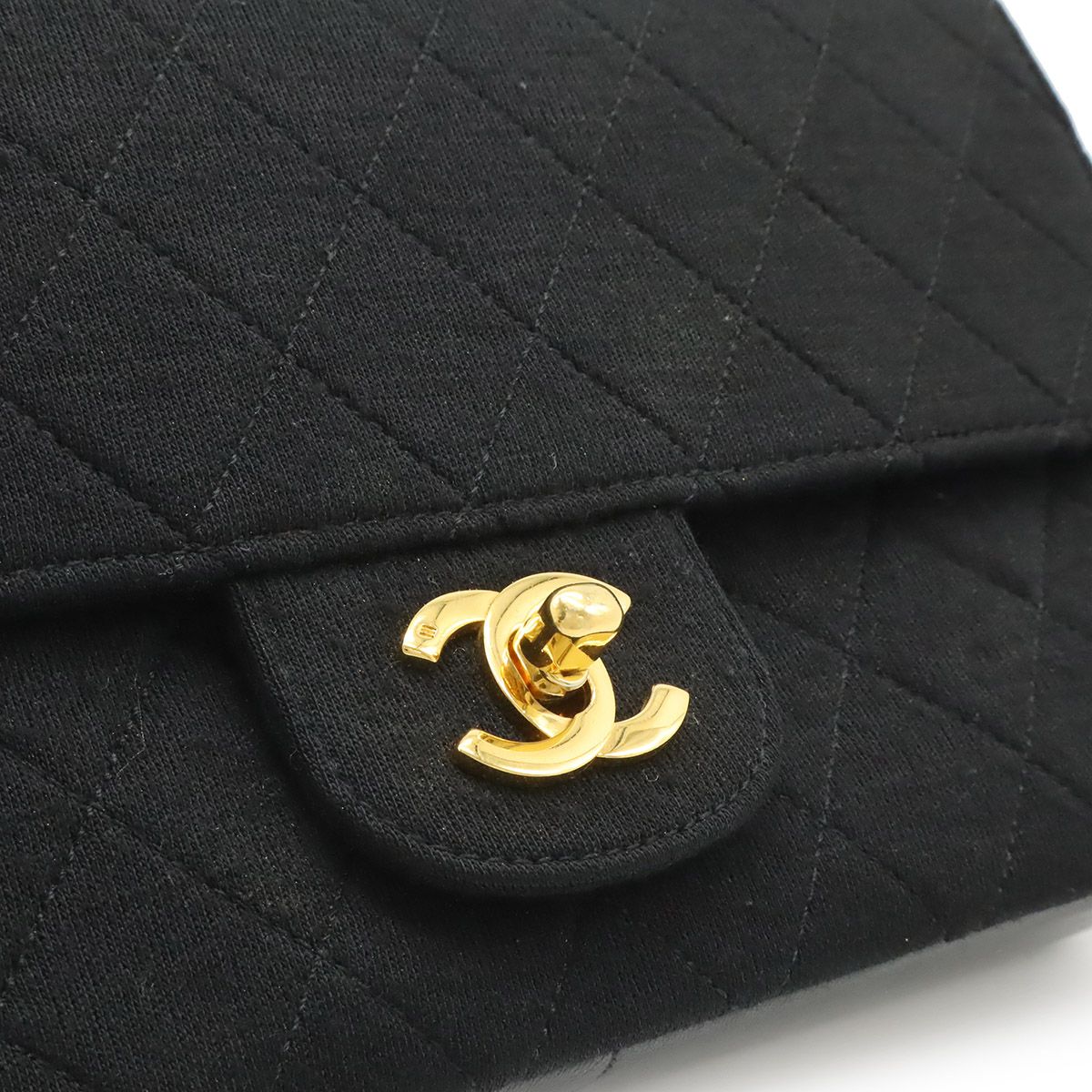 Chanel Quilted CC Logo Chain Shoulder Bag Cotton Jersey Leather Black Gold — view 8
