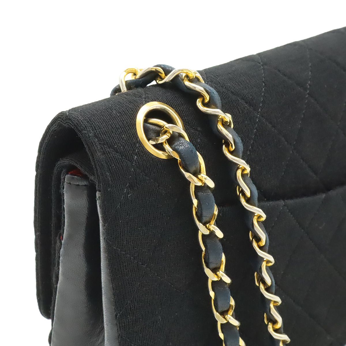 Chanel Quilted CC Logo Chain Shoulder Bag Cotton Jersey Leather Black Gold — view 4
