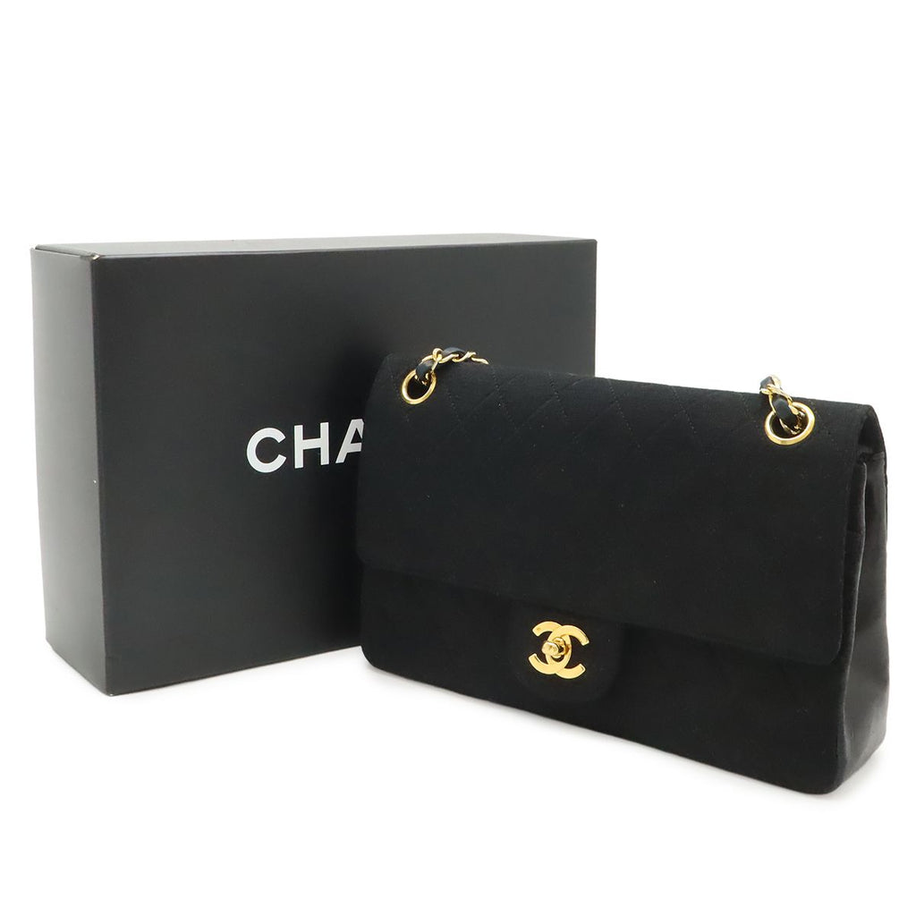 Chanel Quilted CC Logo Chain Shoulder Bag Cotton Jersey Leather Black Gold — view 9