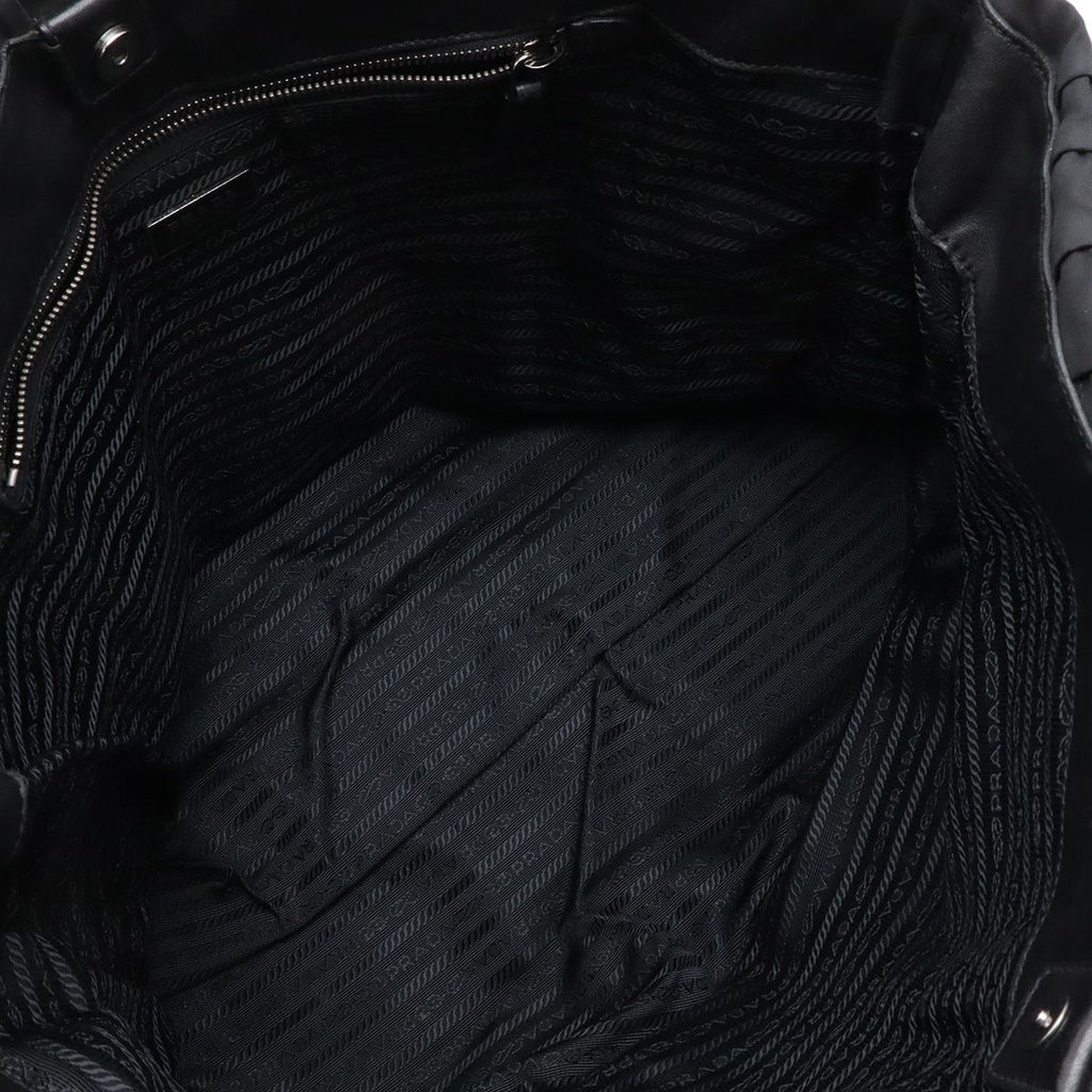 Prada Gathered Tote Large Handbag Nylon Leather Nero Black Silver Hardw — view 6