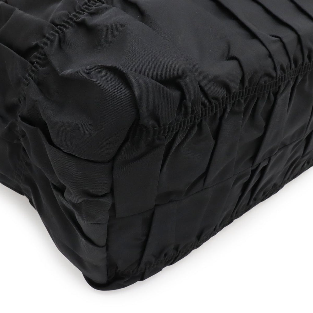 Prada Gathered Tote Large Handbag Nylon Leather Nero Black Silver Hardw — view 3