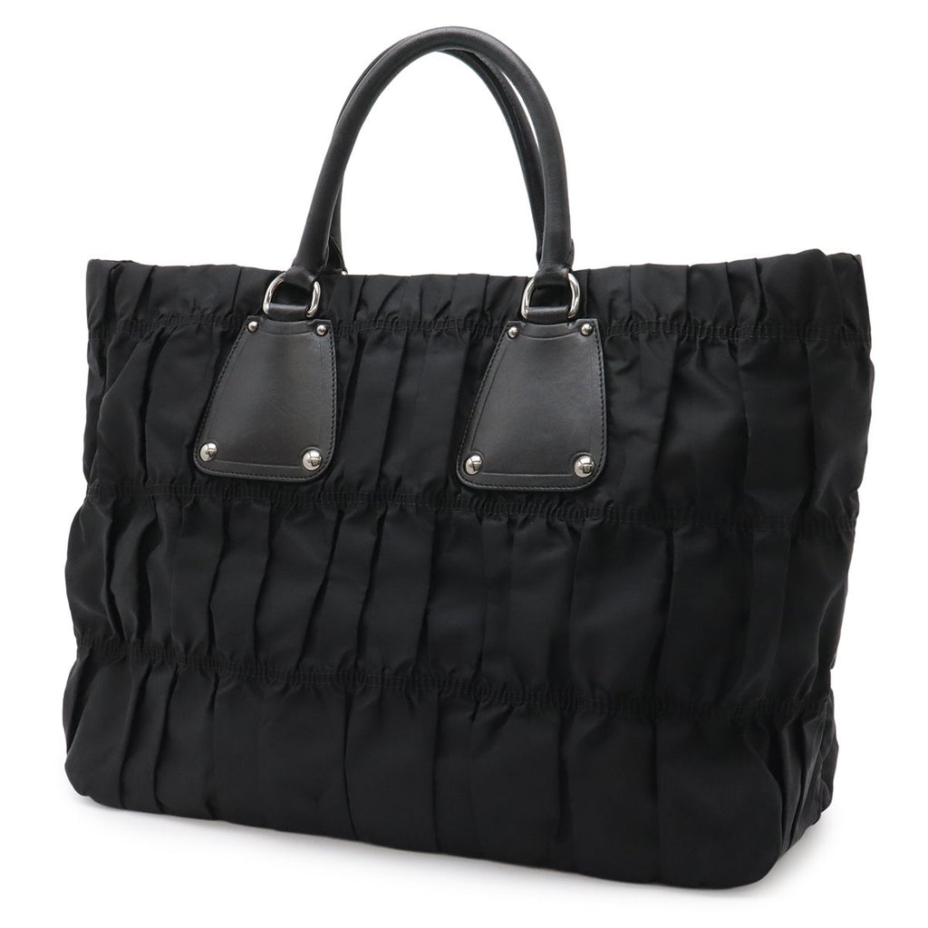 Prada Gathered Tote Large Handbag Nylon Leather Nero Black Silver Hardw — view 2